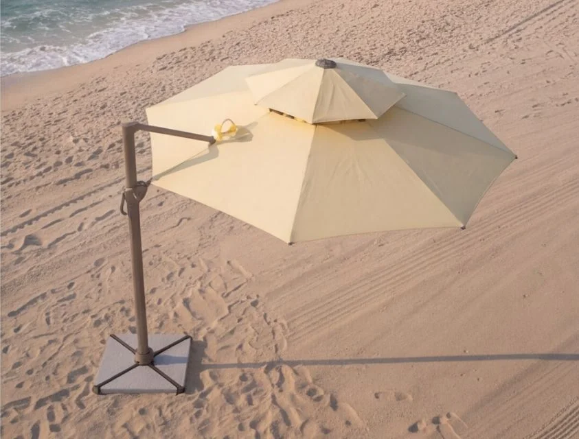 Outdoor umbrella shading a villa terrace